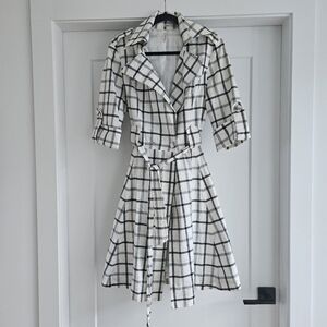 Lapis Plaid Trench Style Shirt Dress Tie Waist Black & White - Large